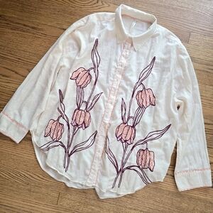 ANTHROPOLOGIE Cotton Shirt Relaxed Oversized Buttons Floral Embroidery L /XL